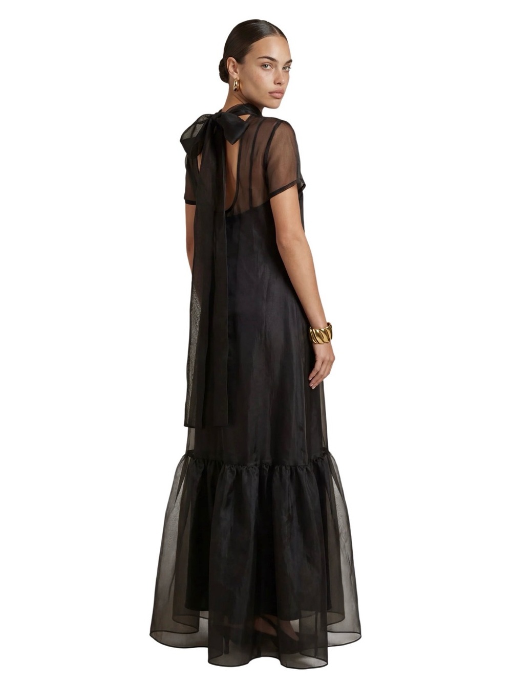 NEW Few Moda Caara Black Melody Sheer Organza Overlay Maxi Dress Back Bow - Picture 10 of 13